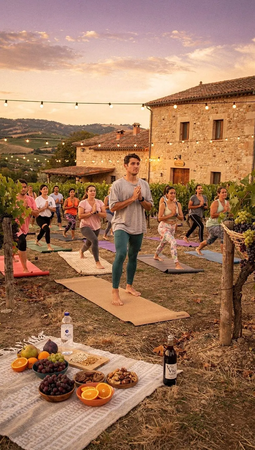 Grupo de personas realizando posturas de yoga en la playa, disfrutando de la brisa suave y la luz dorada.