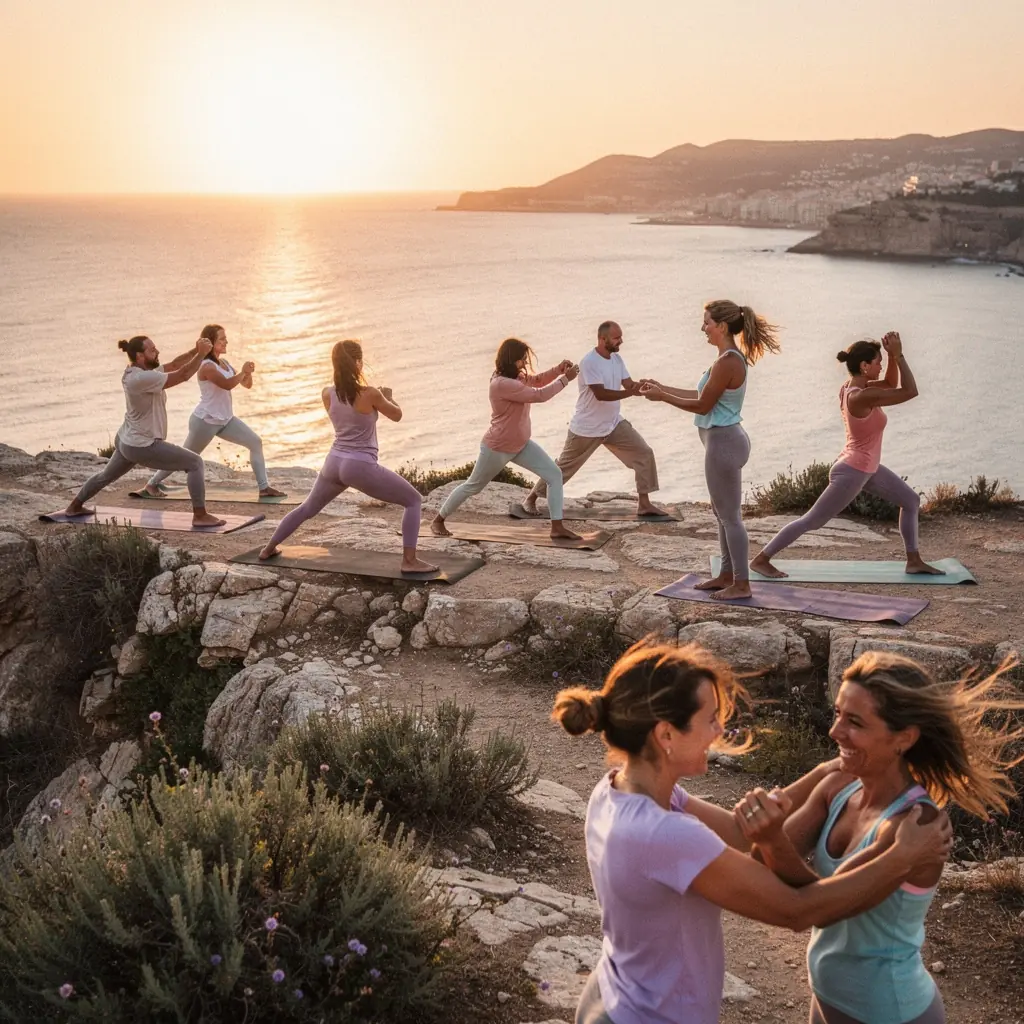 Una instructora guía una clase de yoga, con el sol poniente creando un ambiente relajante.