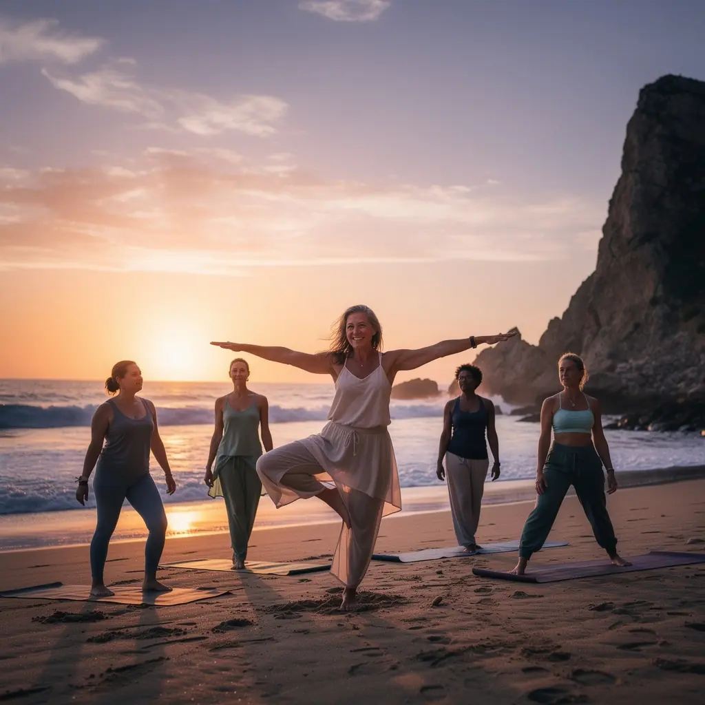 Practicantes de yoga al aire libre durante el atardecer, rodeados de un paisaje sereno y cálido.