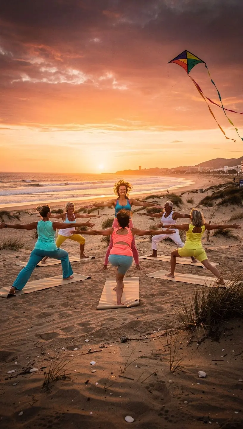 Grupo de personas practicando yoga en un campo, disfrutando de la luz dorada del ocaso mientras están en posición de meditación.