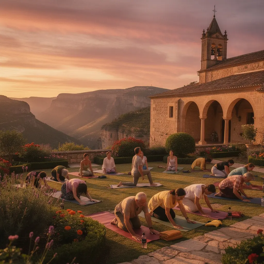 Vista panorámica de una playa tranquila con practicantes de yoga realizando estiramientos al atardecer, rodeados de naturaleza.