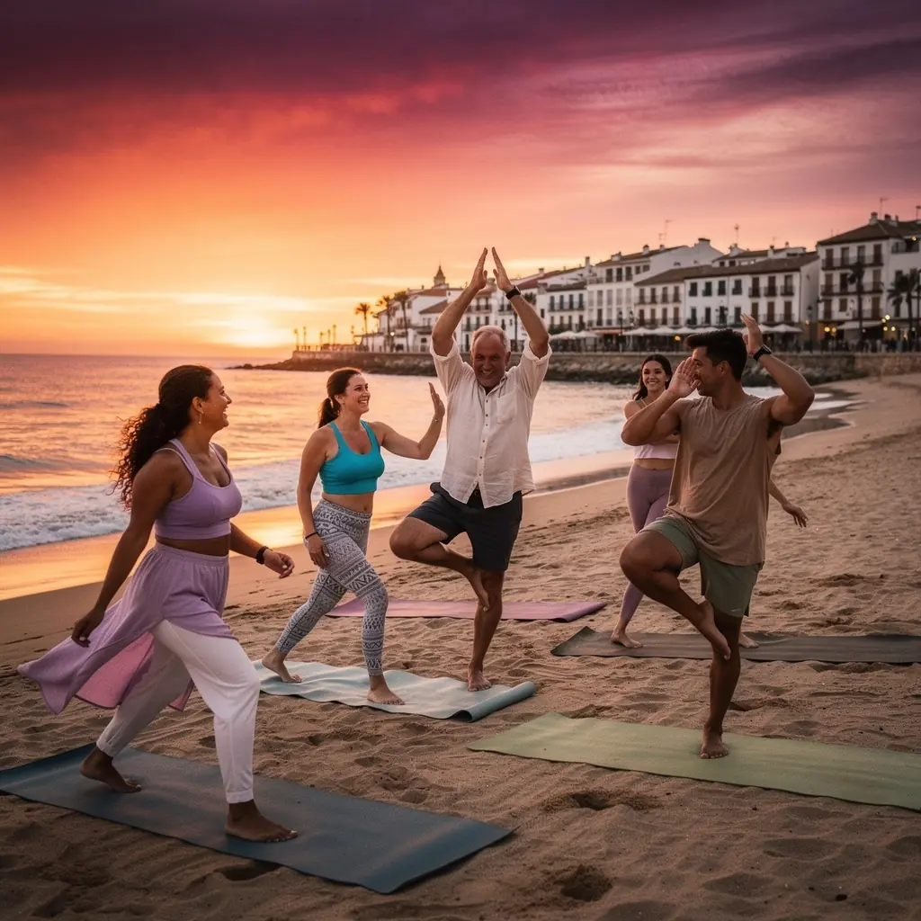 Una esterilla de yoga en la arena, iluminada por la luz suave del sol poniente, creando un ambiente sereno y relajante.
