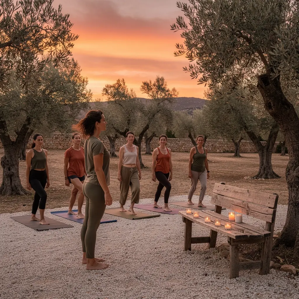 Grupo de personas practicando yoga en un campo, disfrutando de la luz dorada del ocaso mientras están en posición de meditación.