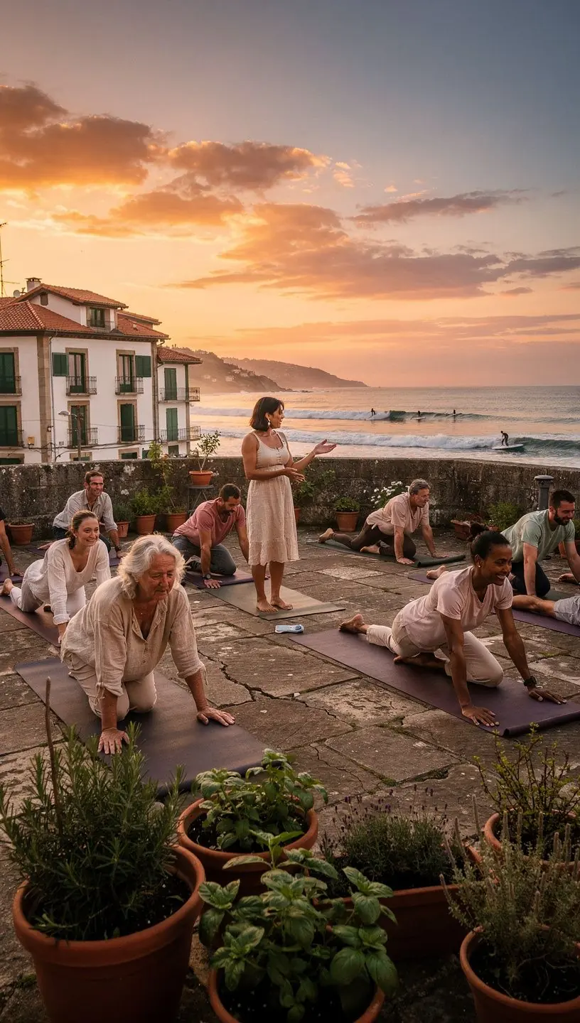 Grupo de personas practicando yoga en un campo, disfrutando de la luz dorada del ocaso mientras están en posición de meditación.