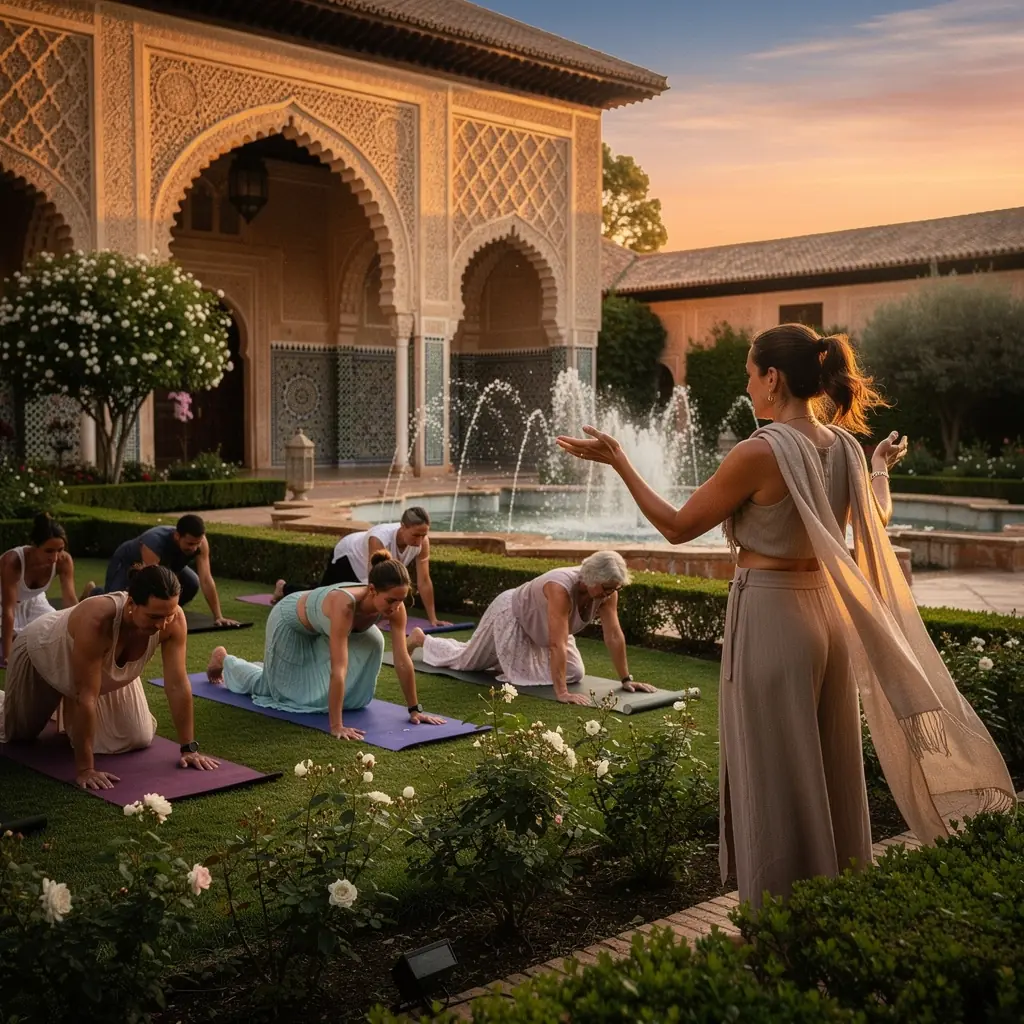 Grupo de personas practicando yoga en un campo, disfrutando de la luz dorada del ocaso mientras están en posición de meditación.
