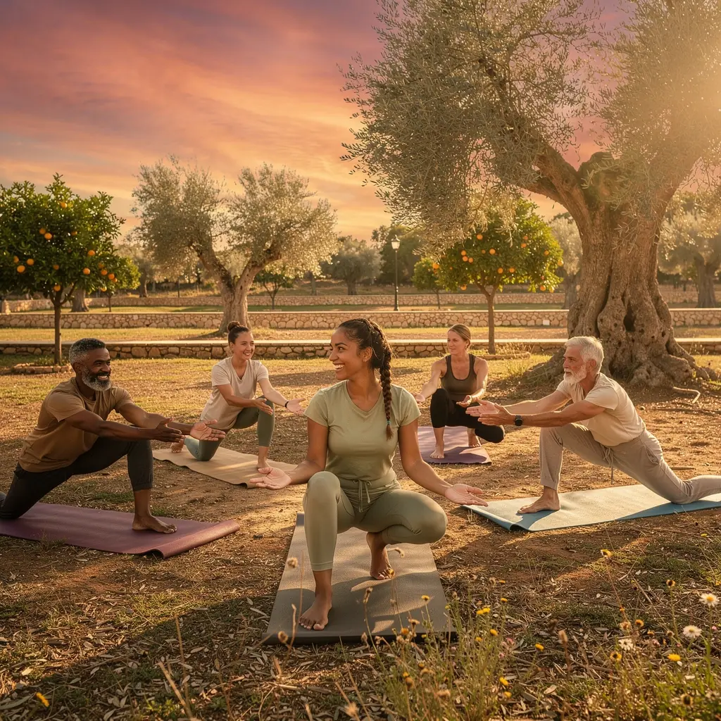 Grupo de personas practicando yoga en un campo, disfrutando de la luz dorada del ocaso mientras están en posición de meditación.