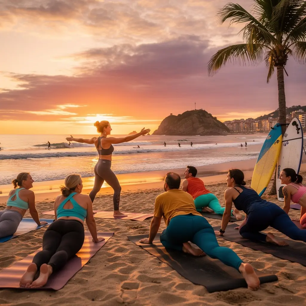 Grupo de personas practicando yoga en un campo, disfrutando de la luz dorada del ocaso mientras están en posición de meditación.