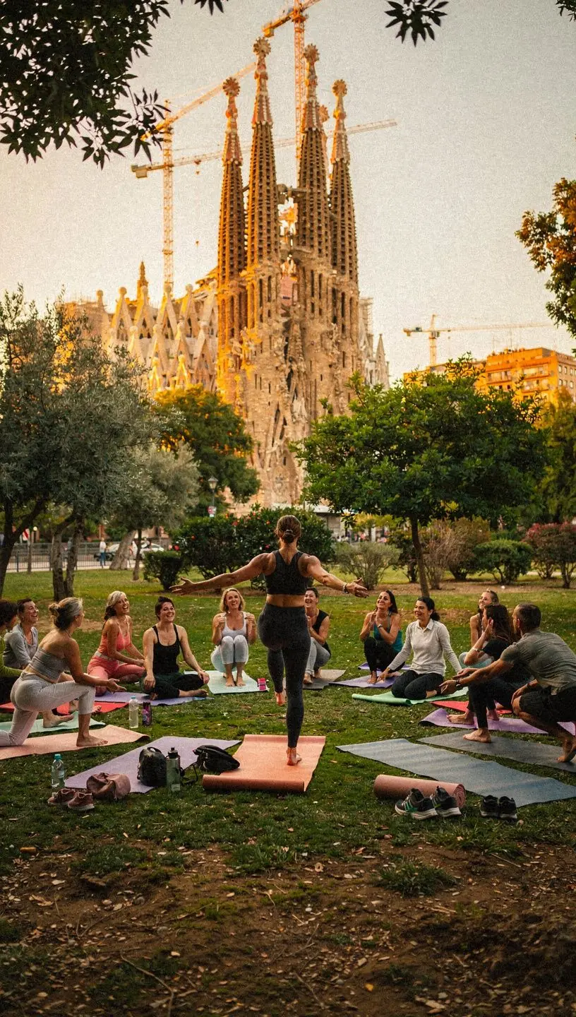 Una instructora de yoga guiando una clase al aire libre durante el atardecer, con un cielo anaranjado de fondo.